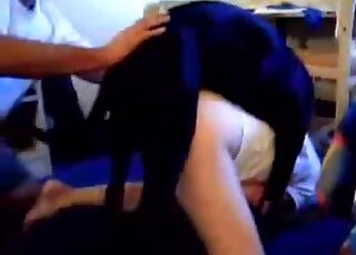 Bitch in a skirt getting fucked by a black dog on all fours violently