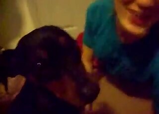 Blue t-shirt babe is ready to jerk off a dog and get fucked as well