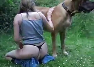 Zoophile in a sexy black thong prepares to fuck a dog outdoors