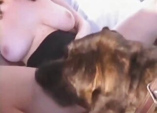 Impressive lady with large breasts opens he legs for dog's licking