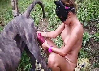 Masked broad is using giant dog shaft for outdoor zoo banging