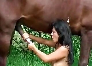 Horse fills tight cunt of a zoophile bitch with fresh cumshot loads
