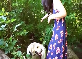 Brunette lady wears mask while blowing and fucking Labrador outdoors