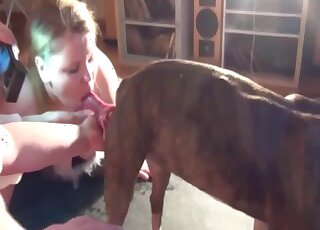 BBW blonde cougar is practicing oral skills on dog dick