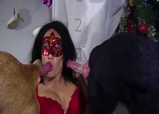 Red mask hottie is enjoying oral with dogs that fuck her greedy mouth