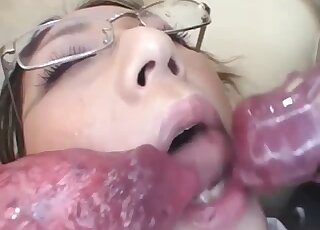 Asian nerd in glasses getting double-throated by two meaty dog dicks
