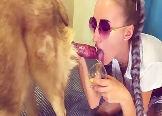 Skinny blonde tries sex with a dog on live cam before drinking sperm