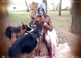 Big ass blonde mature fucked by a pack of dogs out into the woods