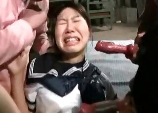 Japanese babe is about to make out with two dogs at the same time