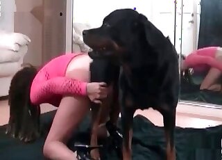 Hottie in pink enjoys sex with a dog and sucks its red pecker