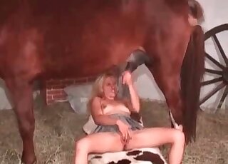 Aged vixen rubs her twat rough and plays with stallion’s schlong