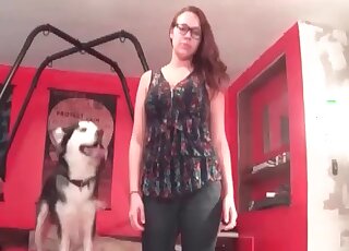 Dog can’t wait to bang wet shaved pussy of a nerdy mature bitch