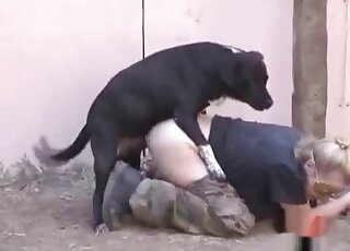 Masked mature takes off pants to get her snatch banged by a dog