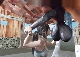 Anime zoophile chick licks giant balls and cock of a cartoon stallion