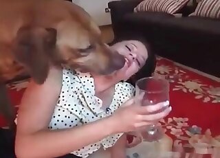 Kinky MILF in nice stockings let her dog join while masturbating